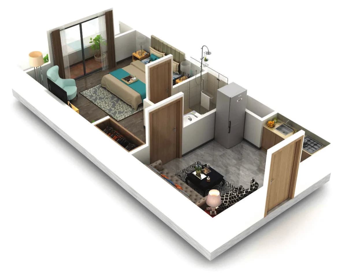 The brochure's 3D cut-away of a one-bed apartment: a bedroom with a balcony door, a bathroom, a kitchenette and a separate living room