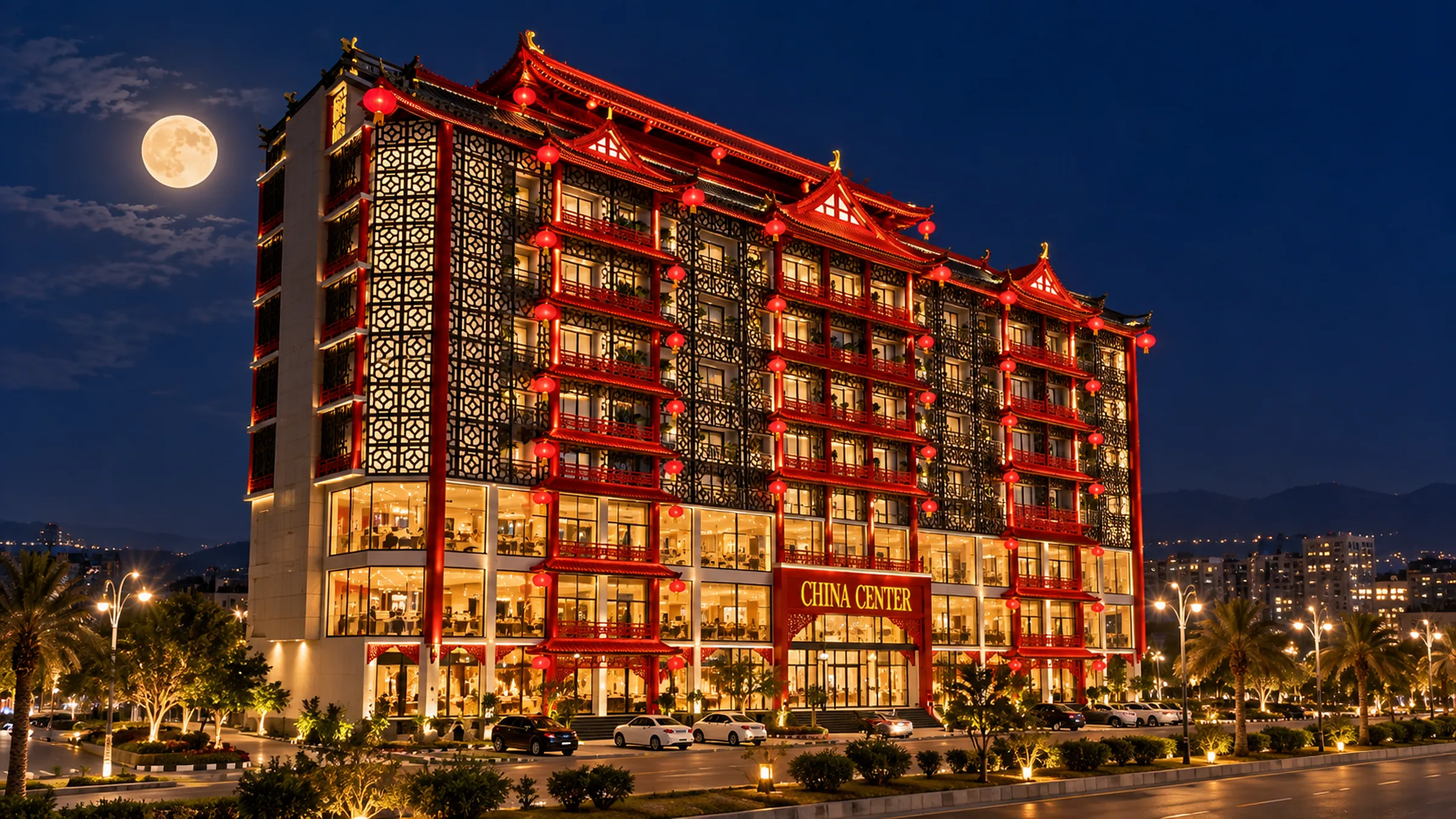 China Center at night, lanterns lit along the red roofline, with a full moon rising beside the building (artist's impression).